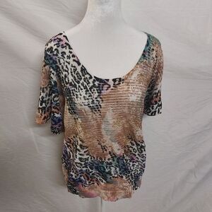 Alberto Makali womens glitter striped unique abstract cheetah colorful blouse XL